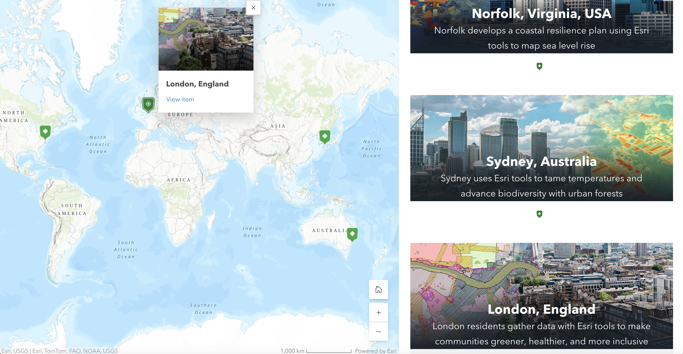 A screenshot of the Growing Green Cities Collection in ArcGIS StoryMaps, showing a map on the left with four points, and three story thumbnails on the right.